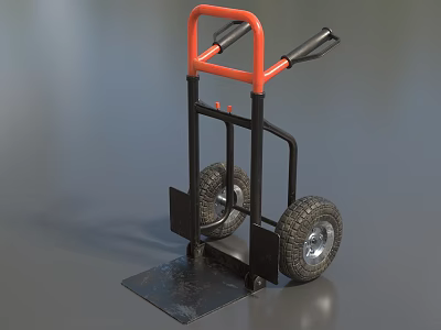 Industrial Heavy Duty Cart with Orange Handle Black Frame Large Wheels and Metal Loading Platform 3d model