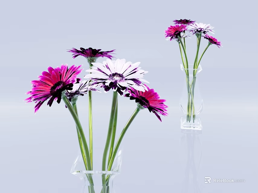 Pink White and Purple Daisies Arranged in Transparent Glass Vase for Home Decor 3d model 