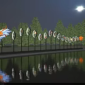 Evening Outdoor Art Installation With Circular Sculptural Elements Trees And Water Reflection 3d model