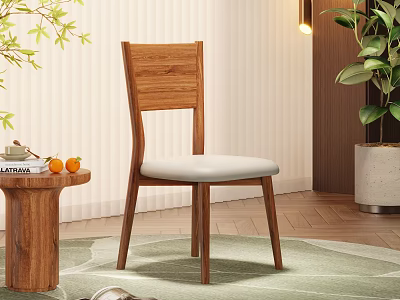 Wooden Dining Chair With Side Table Fruits Green Plants And Wooden Floor 3d model