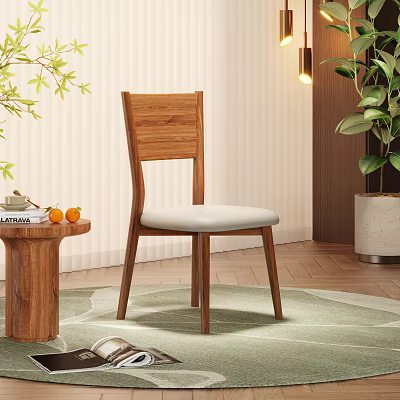 Wooden Dining Chair With Side Table Fruits Green Plants And Wooden Floor 3d model