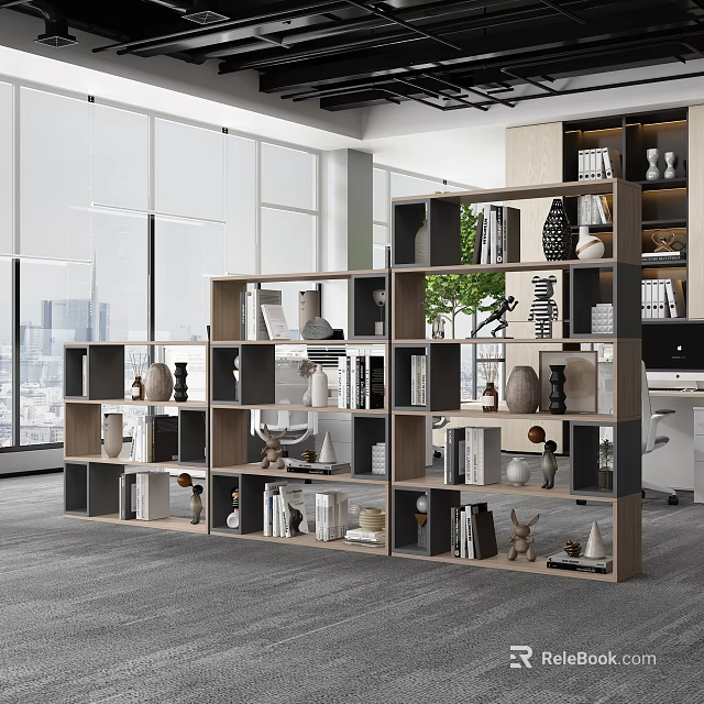 Room Divider Cabinet With Multiple Shelves Books Decorative Items And Green Plants In Modern Office 3d model 