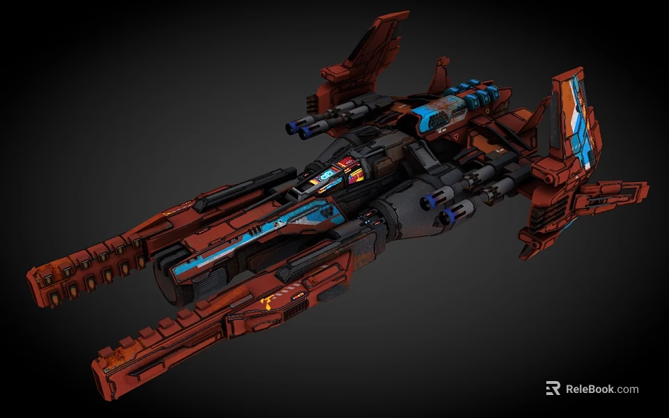 Detailed Futuristic Sci Fi Spaceship With Red Blue Accents And Weapon Systems 3d model 