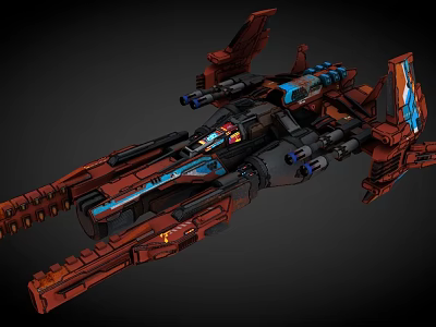 Detailed Futuristic Sci Fi Spaceship With Red Blue Accents And Weapon Systems 3d model