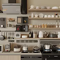 Modern Dinnerware Set With Bowls Plates Cups On Kitchen Shelves And Countertop