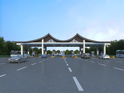 Large Toll Gate With Traditional Style Roof On Highway With Vehicles Trees And Blue Sky 3d model