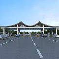 Large Toll Gate With Traditional Style Roof On Highway With Vehicles Trees And Blue Sky