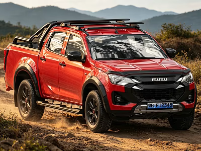 Red Isuzu Pickup Truck Driving On Rugged Terrain With Mountain Background 3d model