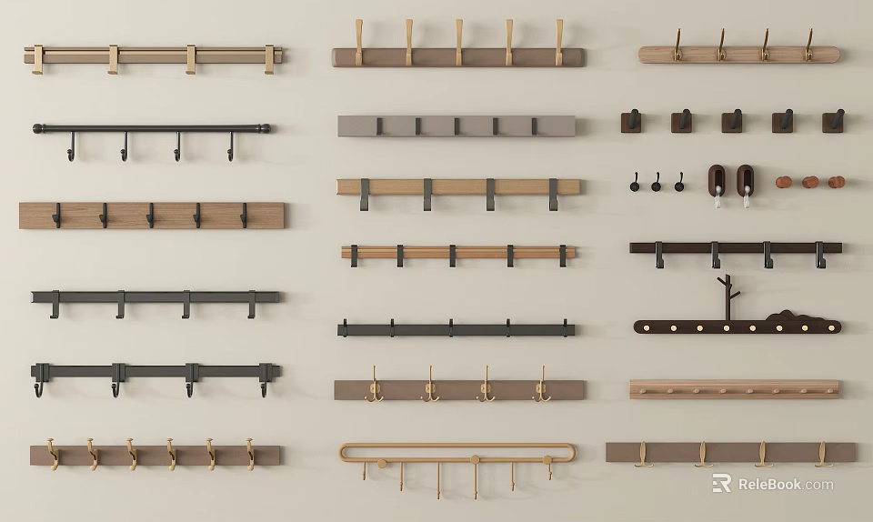 Various Wall Mounted Hooks With Different Designs And Styles For Home Organization 3d model