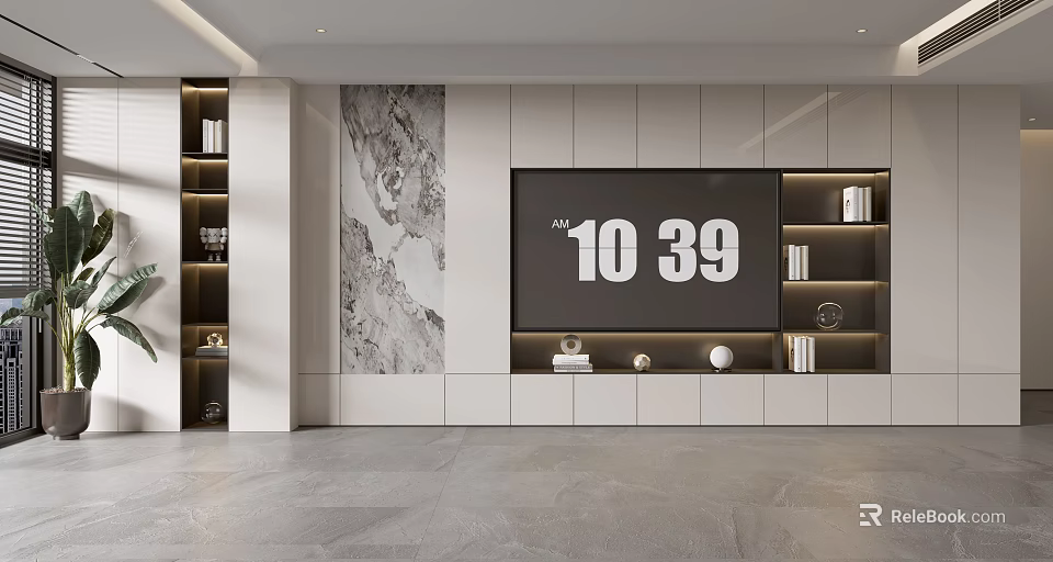 Modern TV Wall Design With Marble Texture Built in TV Storage Cabinets And Decorative Items 3d model 
