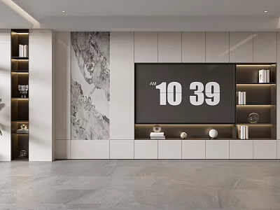 Modern TV Wall Design With Marble Texture Built in TV Storage Cabinets And Decorative Items 3d model
