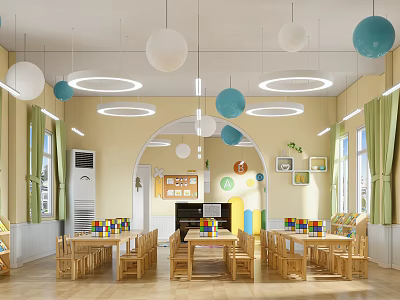 Kindergarten Classroom Interior Design With Colorful Hanging Lamps And Wooden Tables Chairs 3d model