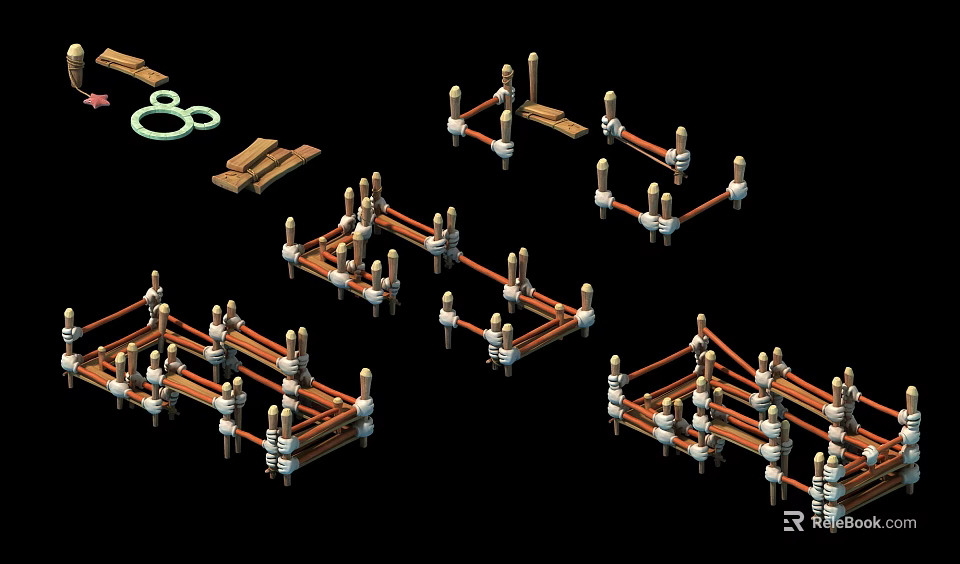 Fence Components With Vertical Posts Horizontal Rails And Circular Connectors 3d model