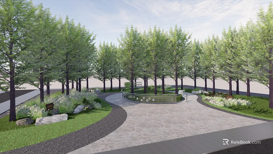 Garden Landscape Design Featuring Circular Path Lush Trees Green Grass and Stone Elements 3d model 