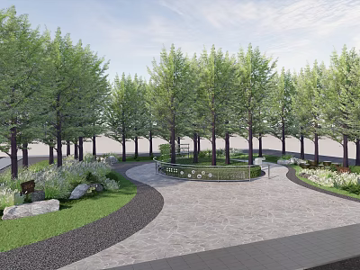 Garden Landscape Design Featuring Circular Path Lush Trees Green Grass and Stone Elements 3d model