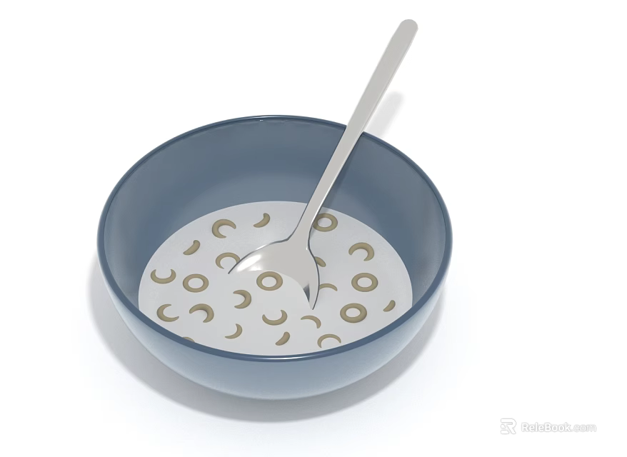 Creamy Oatmeal in Blue Bowl with Moon Circle Patterns and Silver Spoon 3d model 