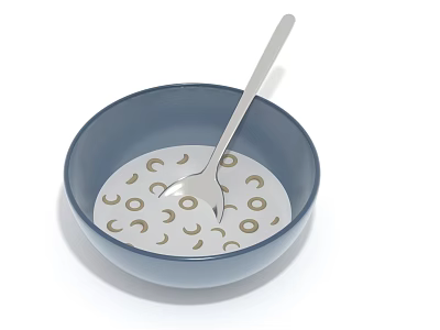 Creamy Oatmeal in Blue Bowl with Moon Circle Patterns and Silver Spoon 3d model