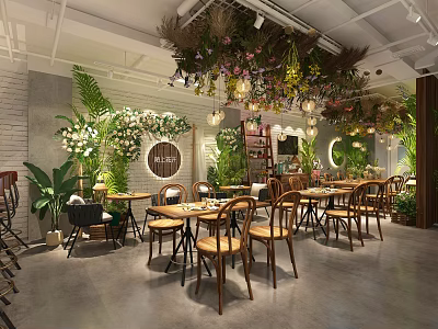 Elegant Plant Decorated Specialty Store Interior With Wooden Tables Chairs Hanging Plants And Pendant Lights 3d model