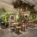 Elegant Plant Decorated Specialty Store Interior With Wooden Tables Chairs Hanging Plants And Pendant Lights