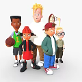 Diverse Group of Cartoon Characters Standing Together with Basketball and Casual Outfits