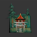 Traditional Japanese Shrine Building With Red Roof Torii Gate Green Pine Trees And Stone Steps