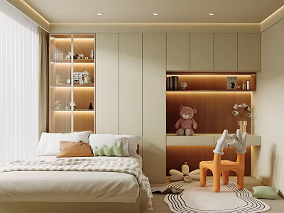 Modern Tatami Bedroom Interior With Cozy Bed Built in Storage Teddy Bear And Soft Lighting 3d model