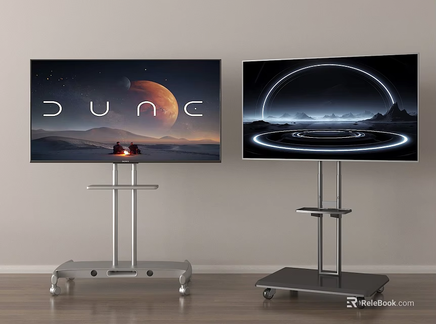 Modern Televisions on Wheeled Metal Stands with Dune and Futuristic Screen Visuals 3d model 