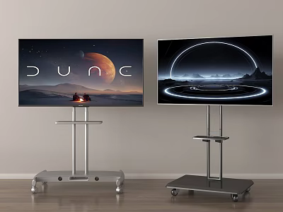 Modern Televisions on Wheeled Metal Stands with Dune and Futuristic Screen Visuals 3d model