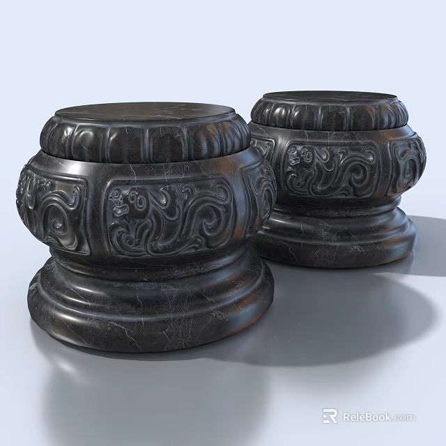 Black Stone Carved Pillar Bases With Lotus Petal And Scroll Patterns 3d model 