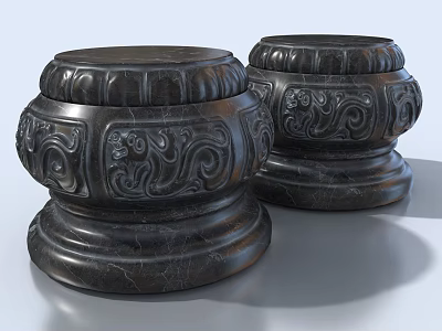 Black Stone Carved Pillar Bases With Lotus Petal And Scroll Patterns 3d model