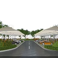 Scenic Parking Lot Featuring White Canopies Parked Cars Trees And Central Road