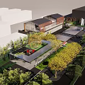 Modern Garden Landscape Design With Contemporary Building Green Plants And Pathway