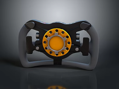 Sports Equipment Racing Steering Wheel with Yellow Center Black Frame Gray Grips and Ergonomic Design 3d model