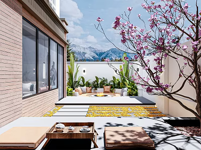 Beautiful Courtyard Garden With Brick Wall Large Windows Pink Flowering Tree And Stone Steps 3d model