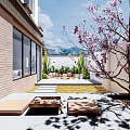 Beautiful Courtyard Garden With Brick Wall Large Windows Pink Flowering Tree And Stone Steps