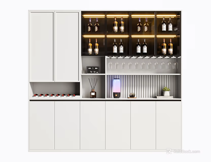 Modern White Wine Cabinet With Illuminated Shelves And Wine Storage Design Elements 3d model