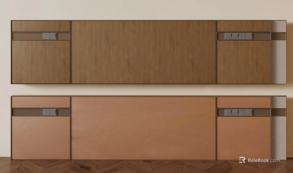 Wooden And Light Brown Background Wall Featuring Two Rows Cabinets With Metal Handles 3d model 