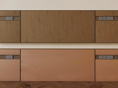 Wooden And Light Brown Background Wall Featuring Two Rows Cabinets With Metal Handles 3d model