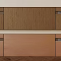 Wooden And Light Brown Background Wall Featuring Two Rows Cabinets With Metal Handles