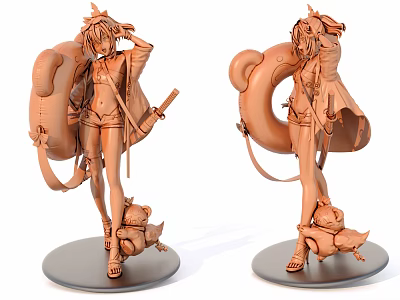 Detailed Female Sculpture Carving With Hat Sword And Small Animal Companion On Base 3d model