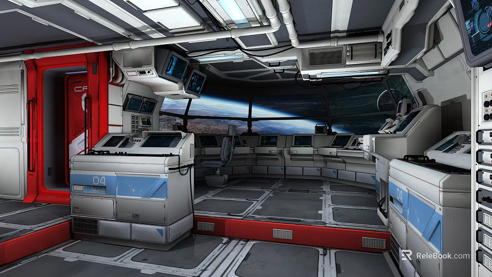 Spaceship Cockpit Interior With Control Panels Windows And Starry Sky View 3d model 