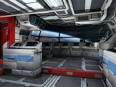 Spaceship Cockpit Interior With Control Panels Windows And Starry Sky View 3d model