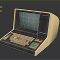 Vintage Electronic Computer With Retro Case Blue Screen And Colorful Keyboard