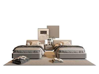 Modern Double Bed With Bedside Tables Pillows Decorative Paintings And Rug 3d model