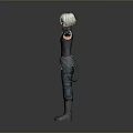Game Movie Character With Silver Hair Black Vest Green Cargo Pants And Extended Arms Pose