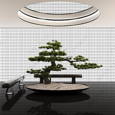 Modern Garden Landscape with Bonsai Pine Tree Grid Wall and Circular Wooden Platform 3d model