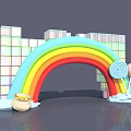 Rainbow Shaped Event Entrance Gate With Colorful Square Background Cloud Decorations And Top Circular Ornament