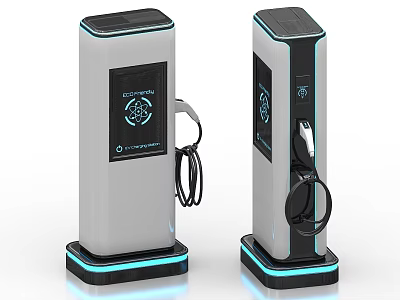 Modern EV Charging Stations With Digital Screen Solar Panel And Blue Light Strip 3d model