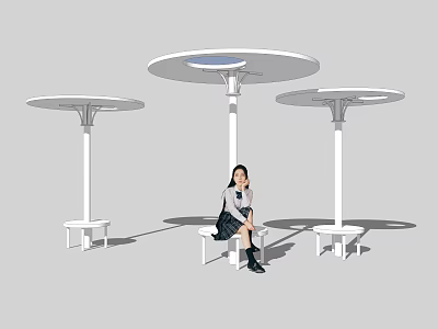 Modern White Outdoor Pergola With Circular Roof Small Tables And Benches 3d model