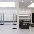 Modern Beauty Salon Interior Open Layout Black Sofa Glass Clothing Racks White Walls Gray Floors